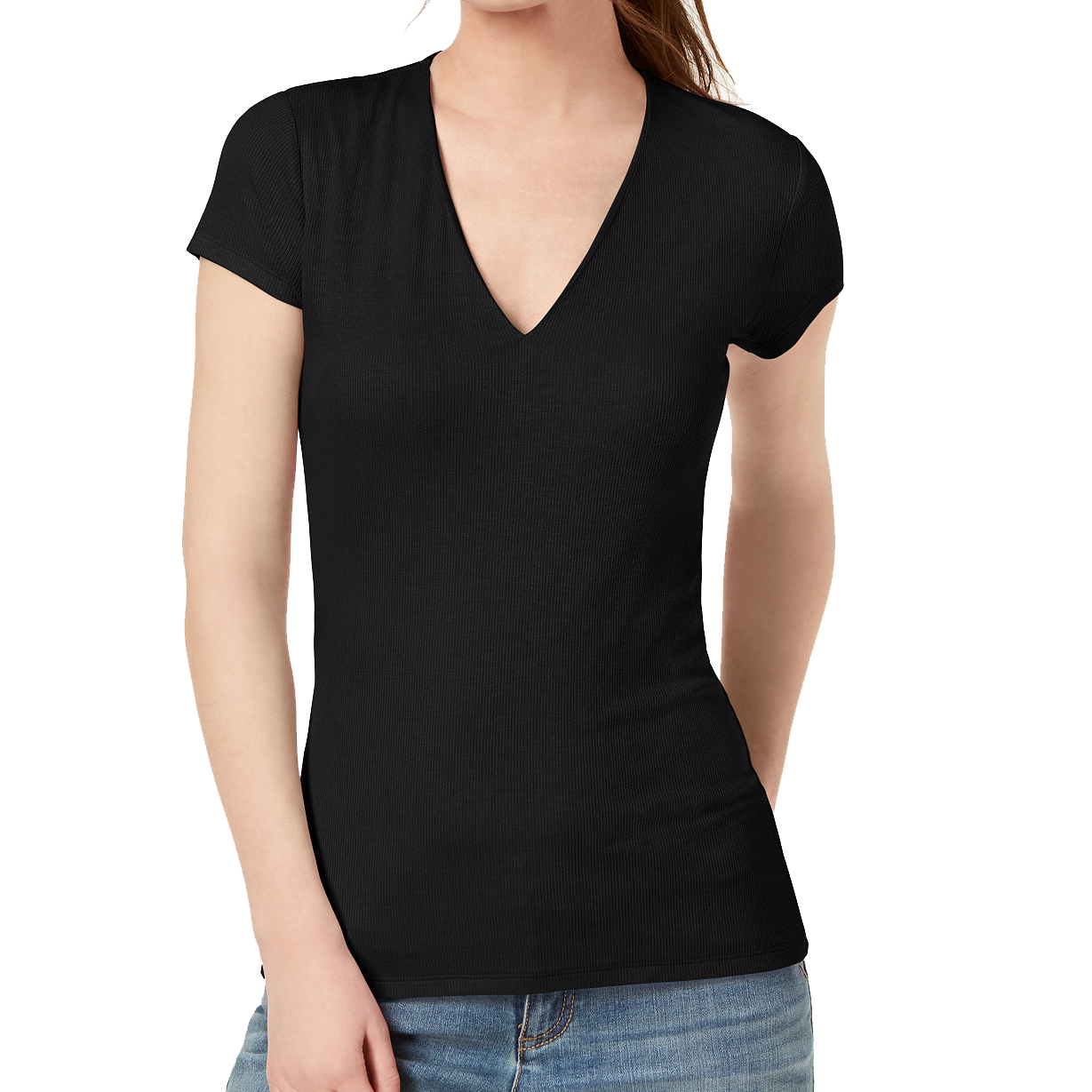 INC International Concepts Women Petite Ribbed V Neck Top Deep Black