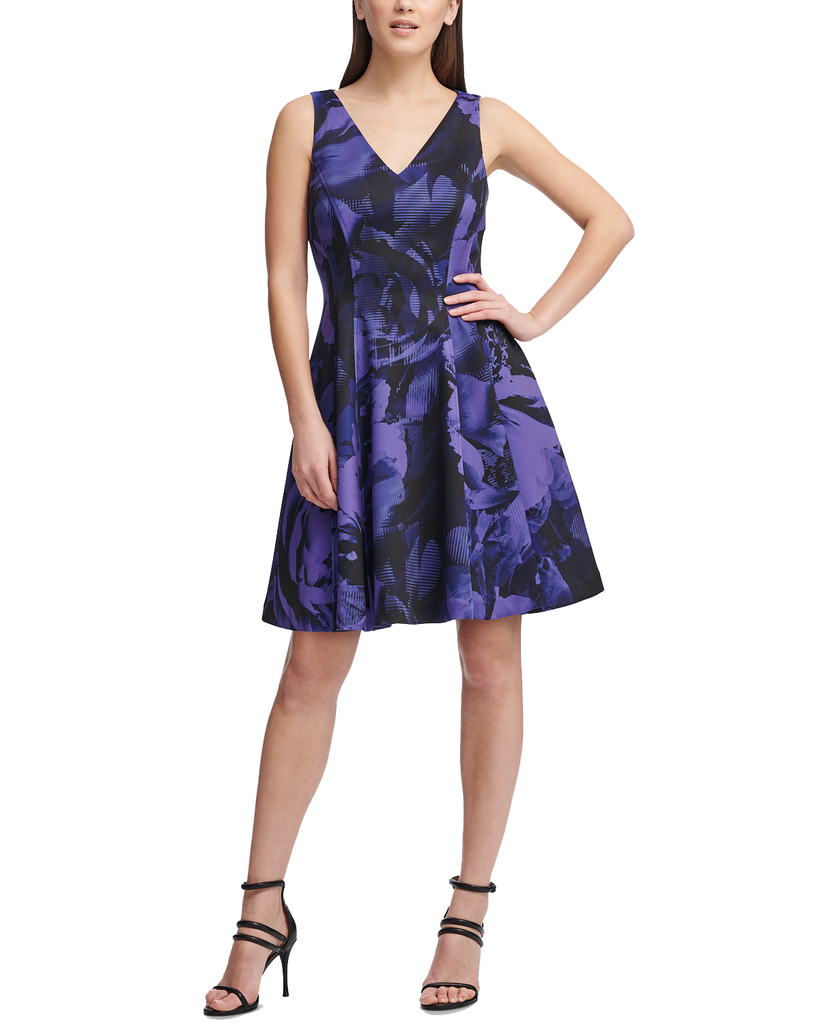 DKNY Women Electric Flower Printed Fit & Flare Dress Dark Pansy