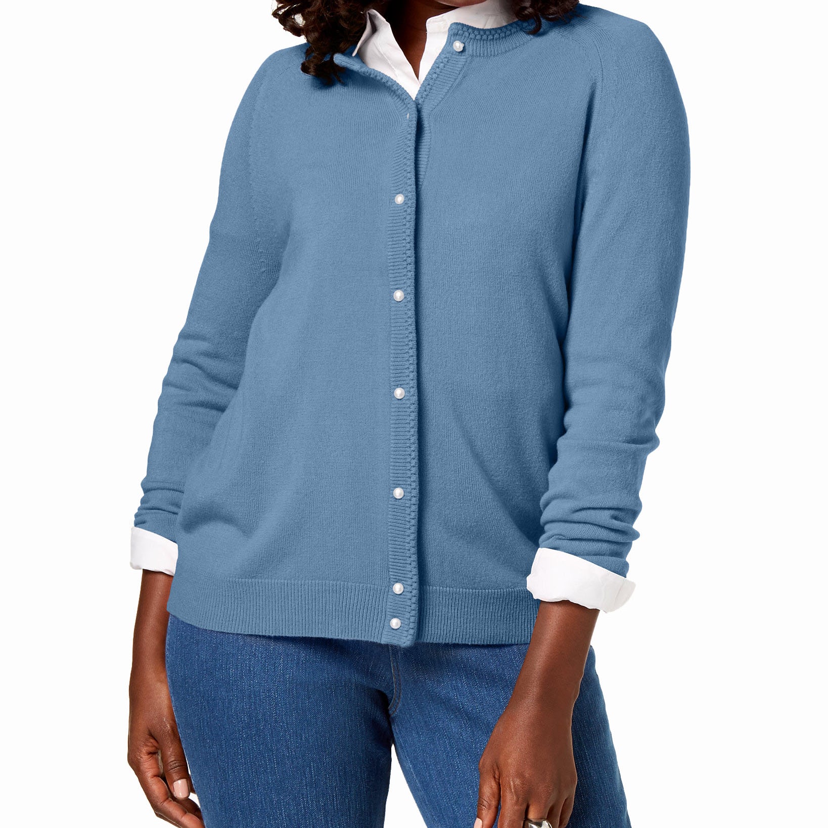 Karen Scott Women Petite Luxsoft Button Cardigan Allure Blue
