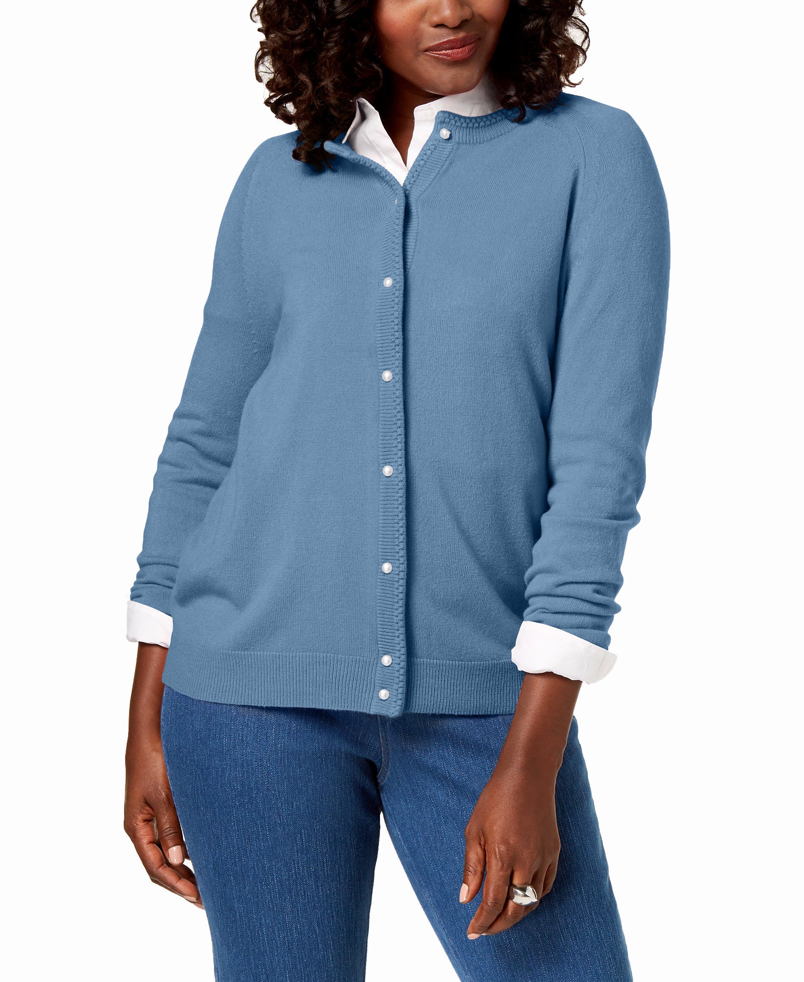Karen Scott Women Petite Luxsoft Button Cardigan Allure Blue