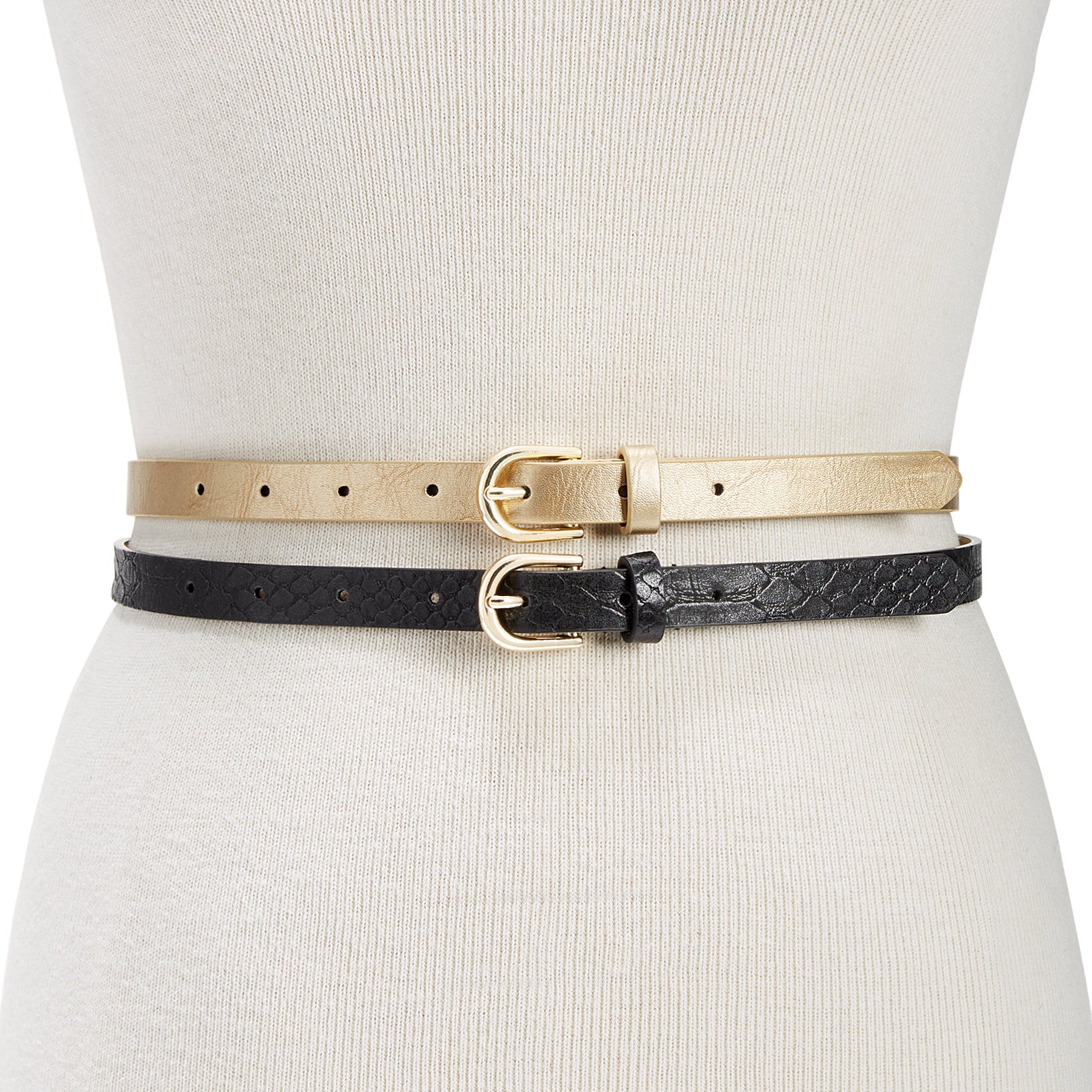 INC International Concepts Women 2 for 1 Metallic & Embossed Skinny Belts Black Gold