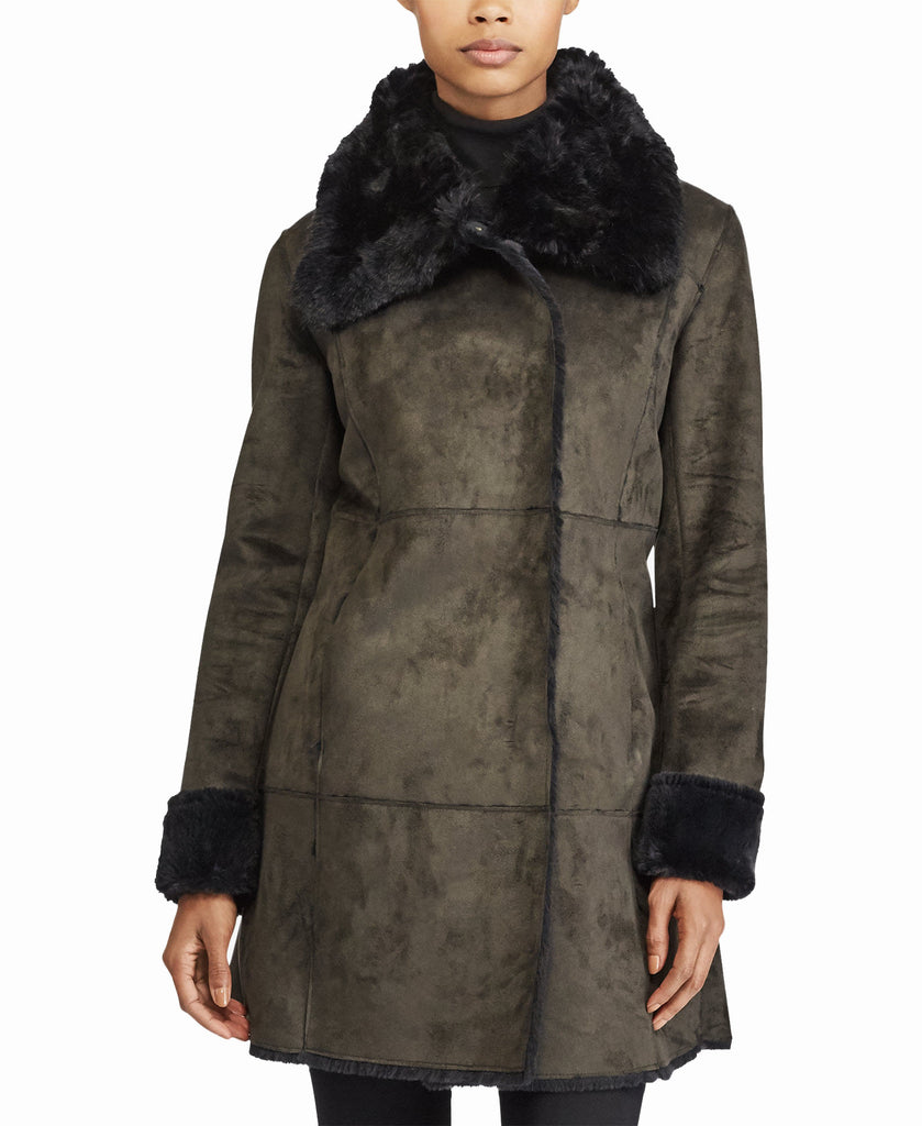 Lauren Ralph Lauren Women Faux Fur Trim Faux Shearling Asymmetrical Coat Grey