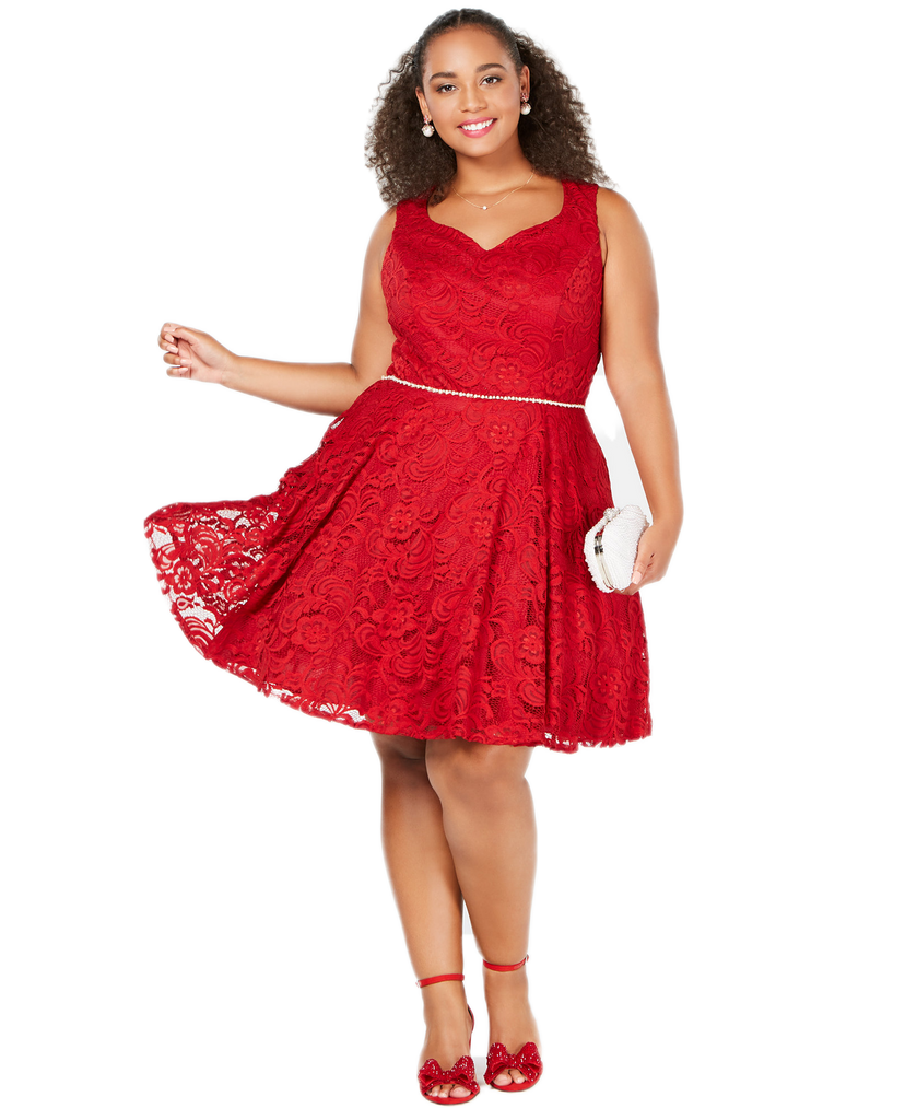 City Studios Women Plus Trendy Sleeveless Lace Fit & Flare Dress Red