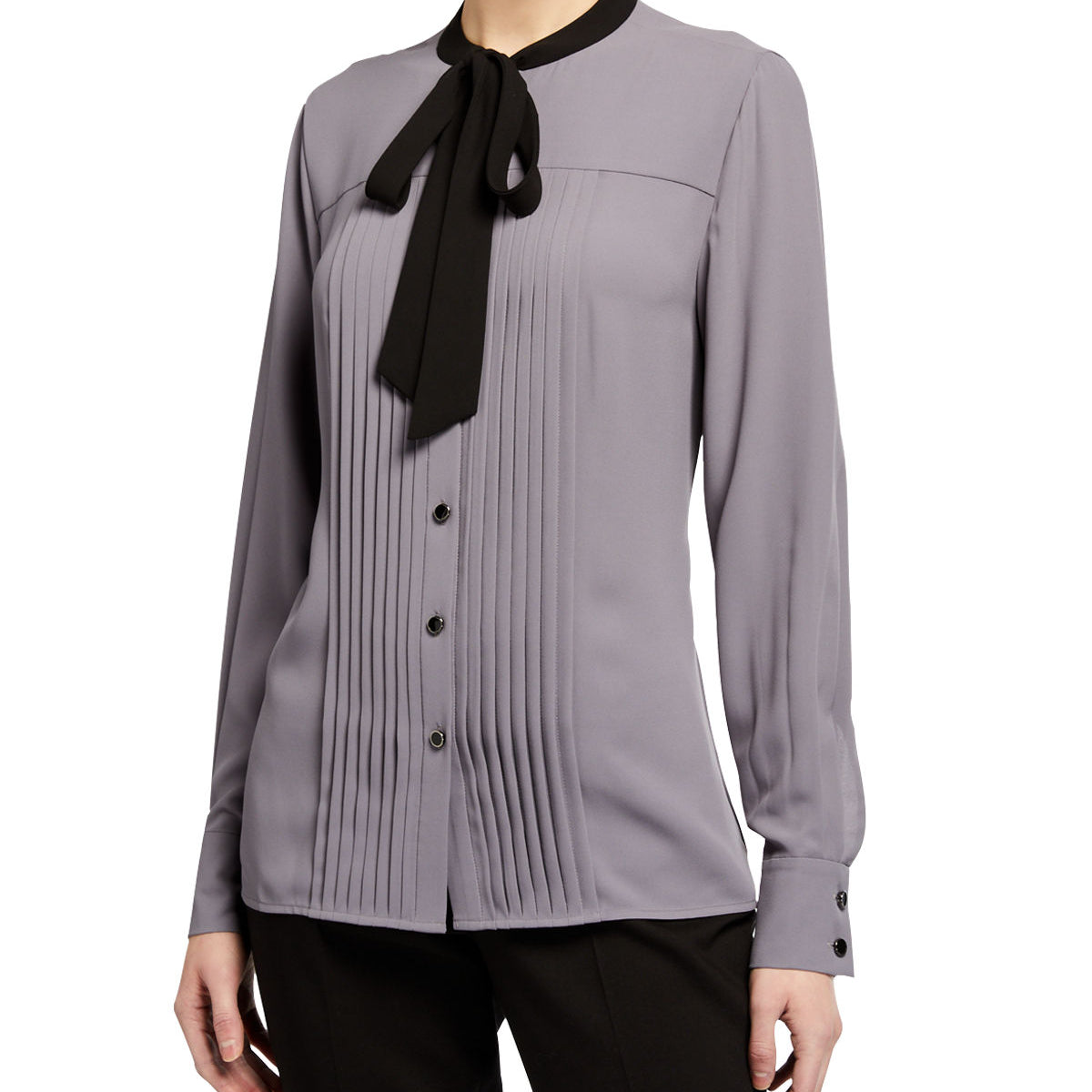 Anne Klein Women Tie Neck Tuxedo Blouse Grey