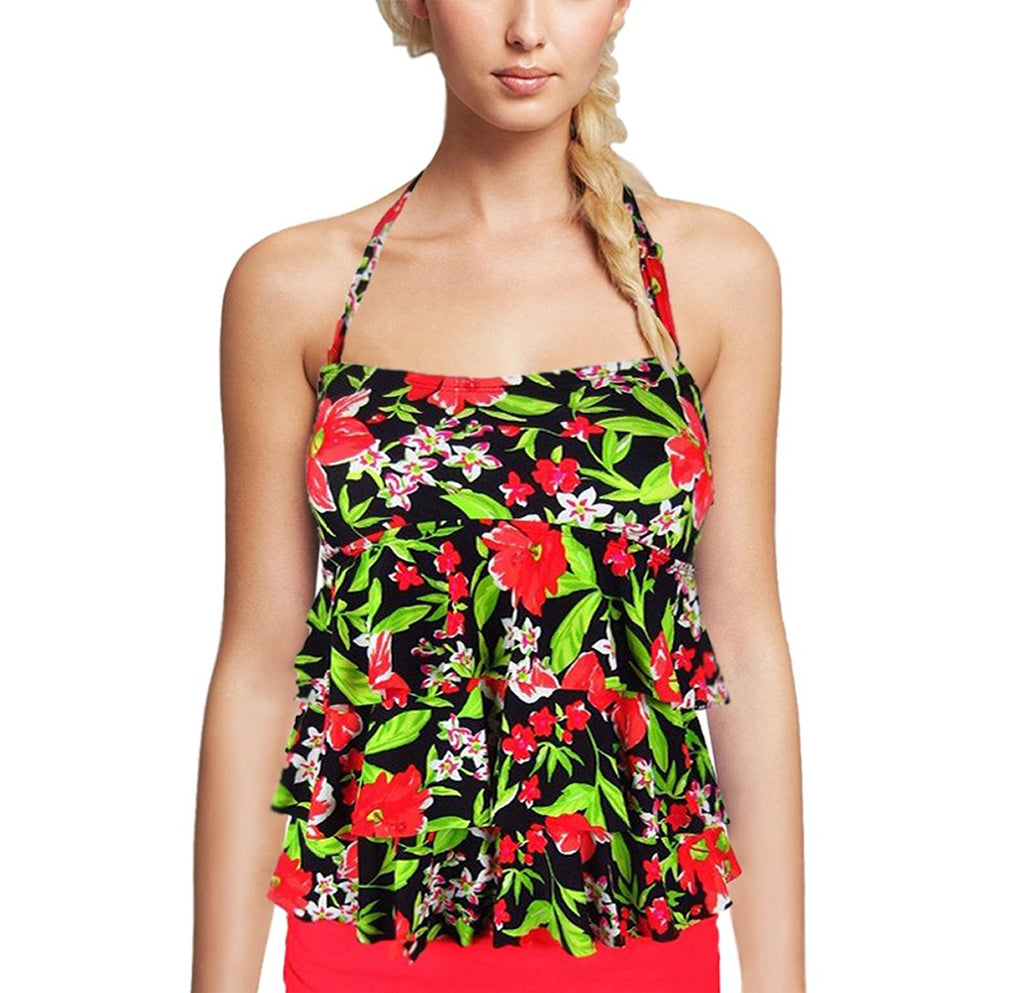Island Escape Women Floral Tiered Ruffle Bandini Tankini with Removable Strap Red