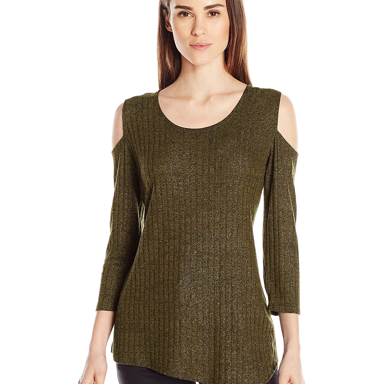 NY Collection Women Asymmetrical Cold Shoulder Top Kelp Dustrain