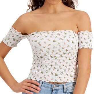 Crave Fame Women Smocked Off The Shoulder Crop Top Ivory Combo