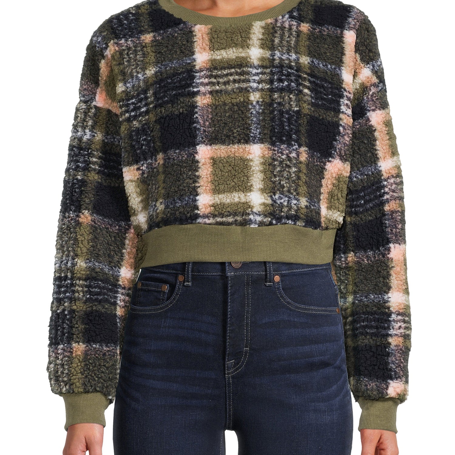 Love + Joy Juniors Plus Plus Faux Sherpa Pullover Top Olive Plaid