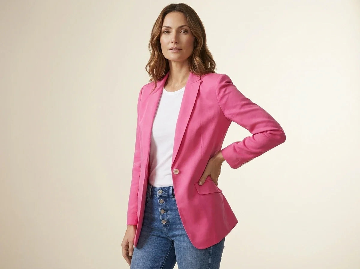 Brunette woman modeling a Vince Camuto vibrant hot pink single-button tailored blazer over a white top and button-fly blue jeans.