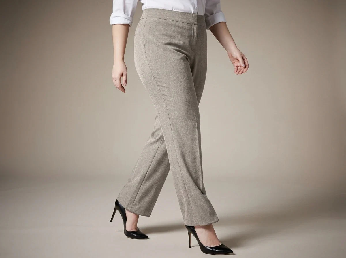 A model wearing light beige straight-leg trousers, a white long-sleeve blouse, and black high heels, shown from the waist down against a neutral beige studio background.