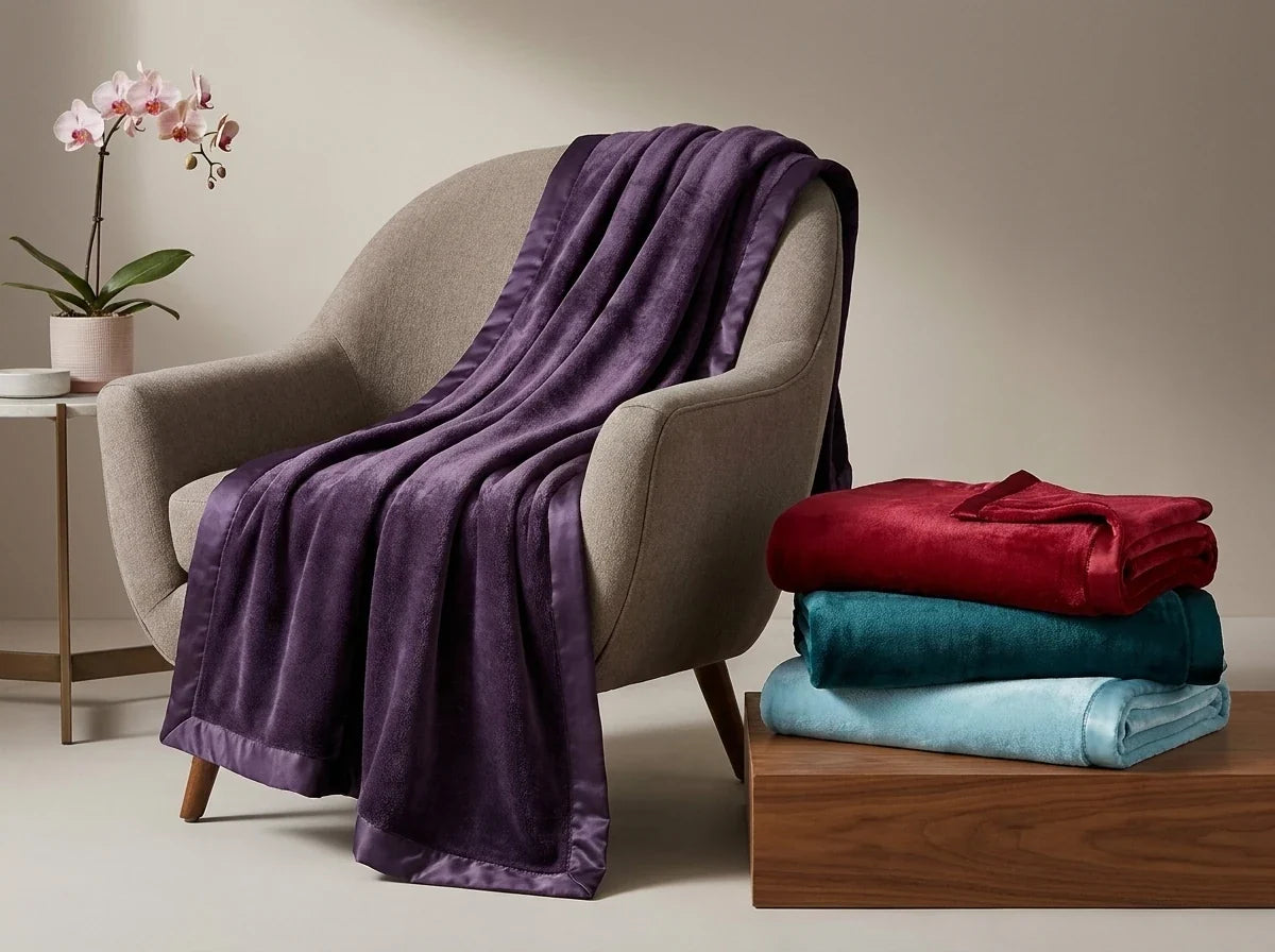 Plush purple fleece blanket with satin trim draped over a modern armchair, next to a stack of folded red, teal, and light blue blankets.