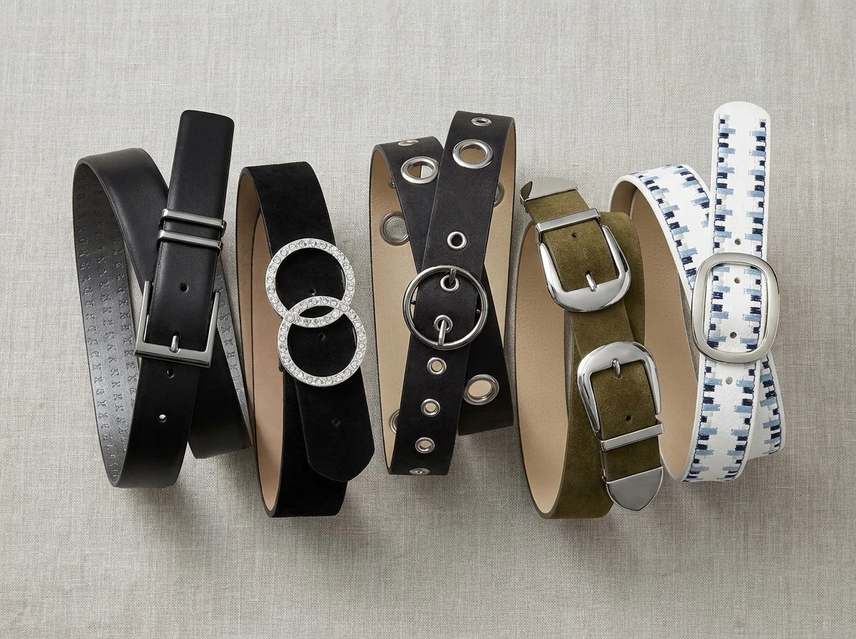 Flat lay of five assorted fashion belts featuring leather, suede, rhinestone, grommet, and patterned styles on a neutral linen background.