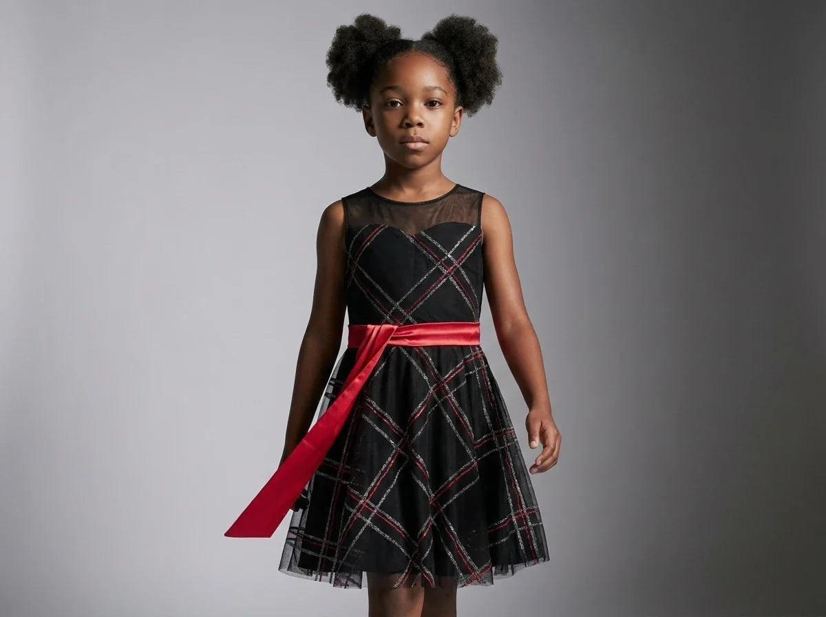 A young girl with two buns stands against a gray studio background wearing a sleeveless black dress with a red and white plaid pattern, sheer mesh upper bodice, and a bright red sash tied at the waist.