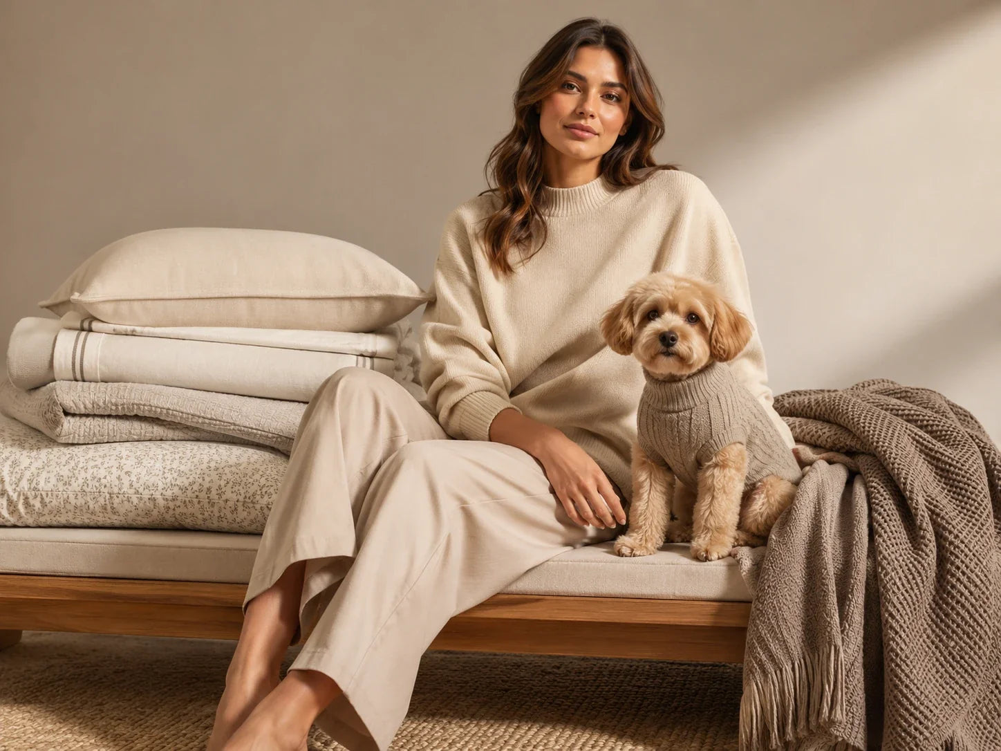 A woman and her small dog sit on a bed in a warm, neutral-toned bedroom. The woman wears a cream knit sweater and matching pants, and the dog wears a matching cream knit sweater.