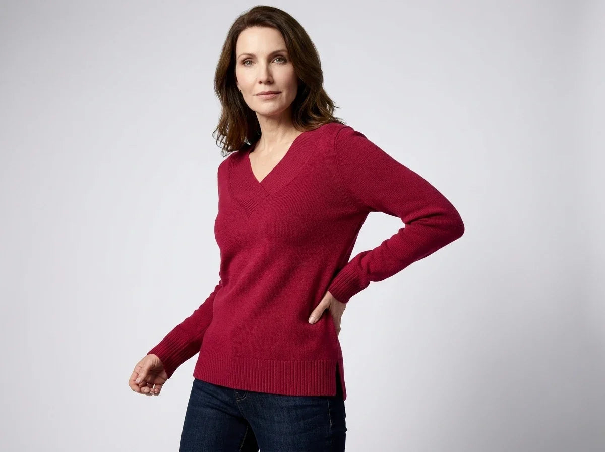 A woman modeling a long-sleeve V-neck knit sweater in deep burgundy, paired with dark blue jeans, against a light gray studio background.