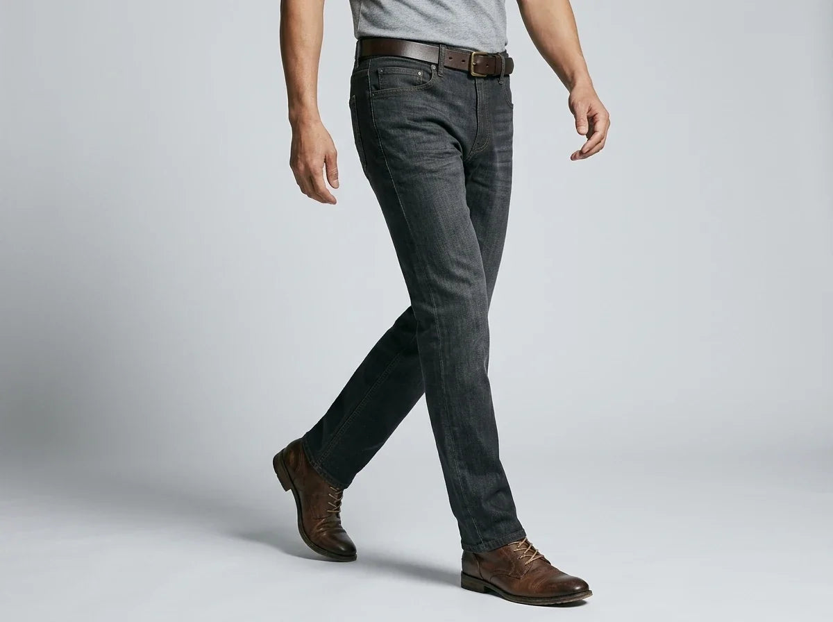 Side profile of a man walking wearing dark grey slim-straight jeans, a brown leather belt, and brown lace-up boots.