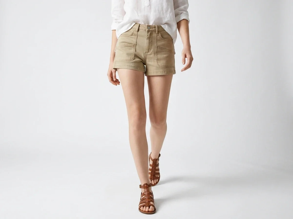 A model wearing beige denim shorts, a white long-sleeve shirt, and brown strappy sandals, shown from the waist down against a light gray studio background.