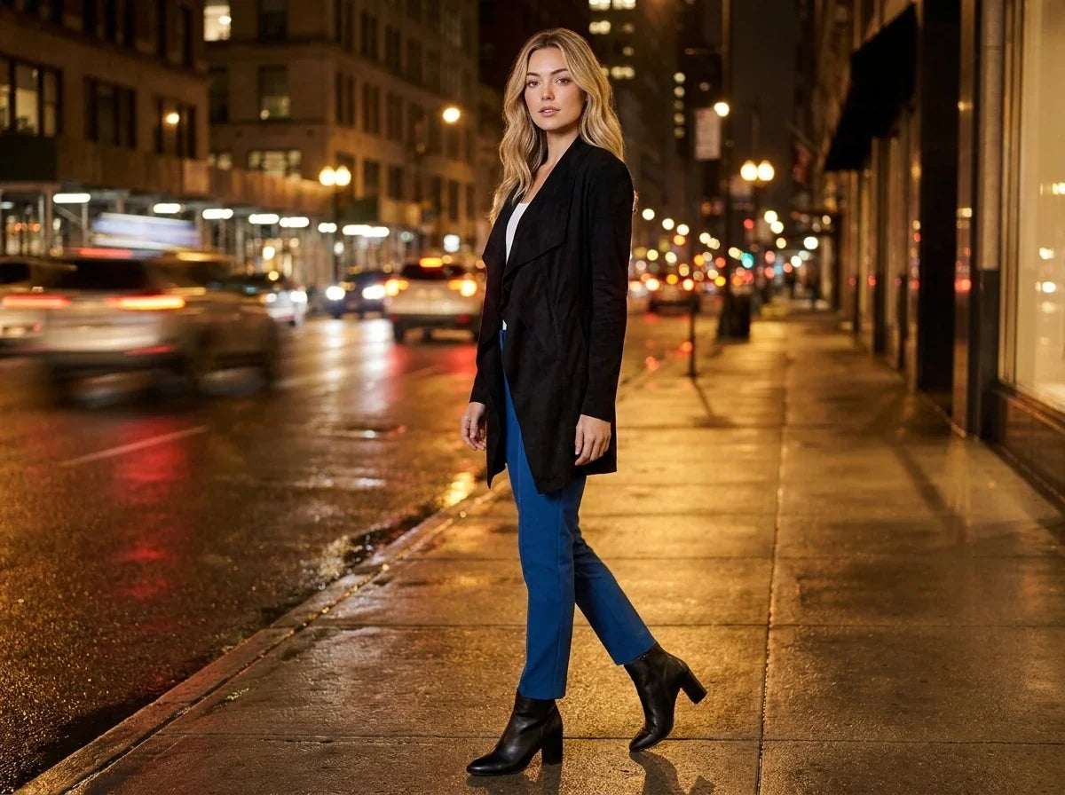 Blonde woman wearing a black drape-front trench coat, bright blue trousers, and black heeled ankle boots walking along a city sidewalk at night.