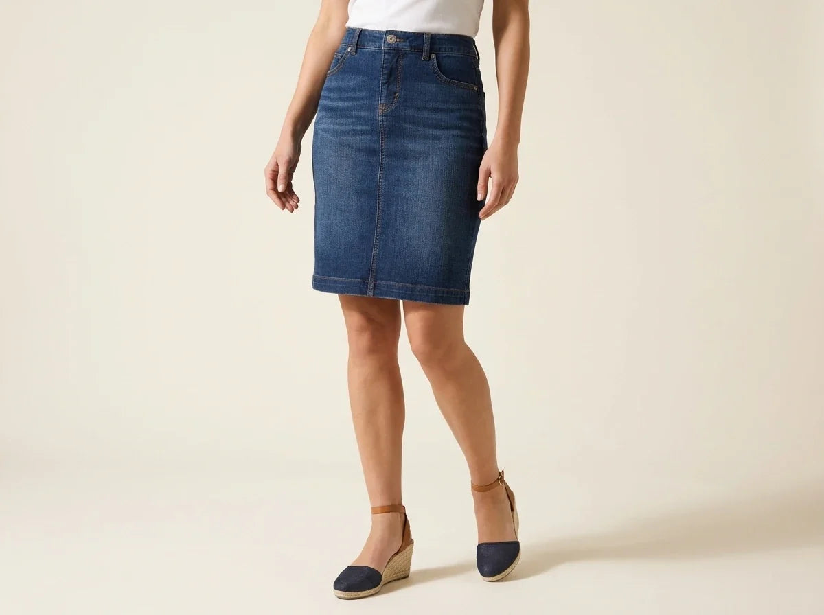 Cropped view of a woman modeling a medium-wash blue denim pencil skirt paired with ankle-strap wedge espadrilles.