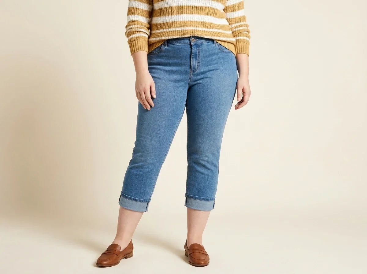 Cropped view of a woman wearing plus-size medium wash cuffed capri jeans with brown leather loafers and a striped knit sweater.