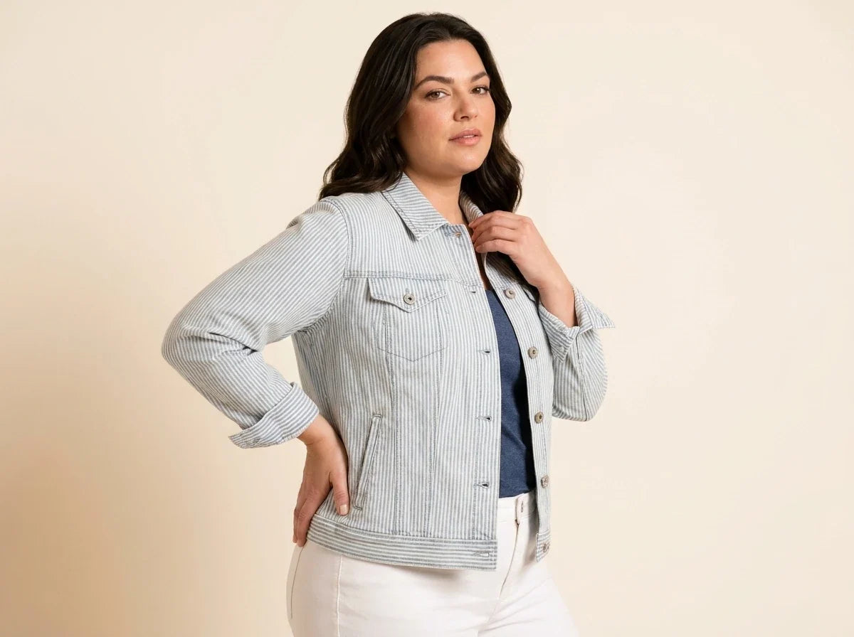 Brunette woman modeling a plus-size light blue and white vertical pinstripe denim trucker jacket over a navy top and white pants.