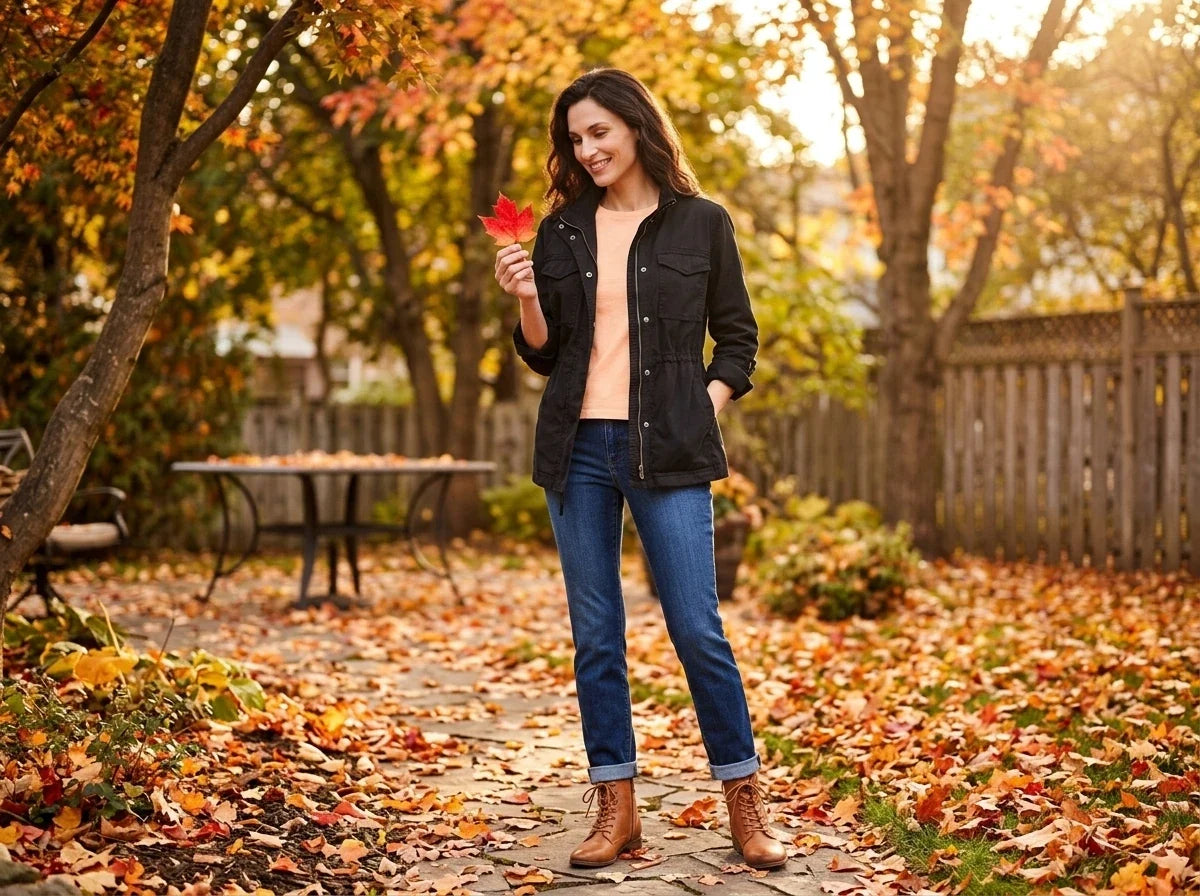 A woman stands outdoors in a backyard garden path covered with fallen autumn leaves, wearing a black jacket over a peach top, blue jeans, and brown ankle boots, while holding a red leaf.