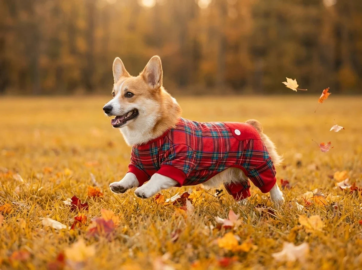 Happy Corgi dog running outdoors across an autumn field wearing a red plaid onesie sweater.
