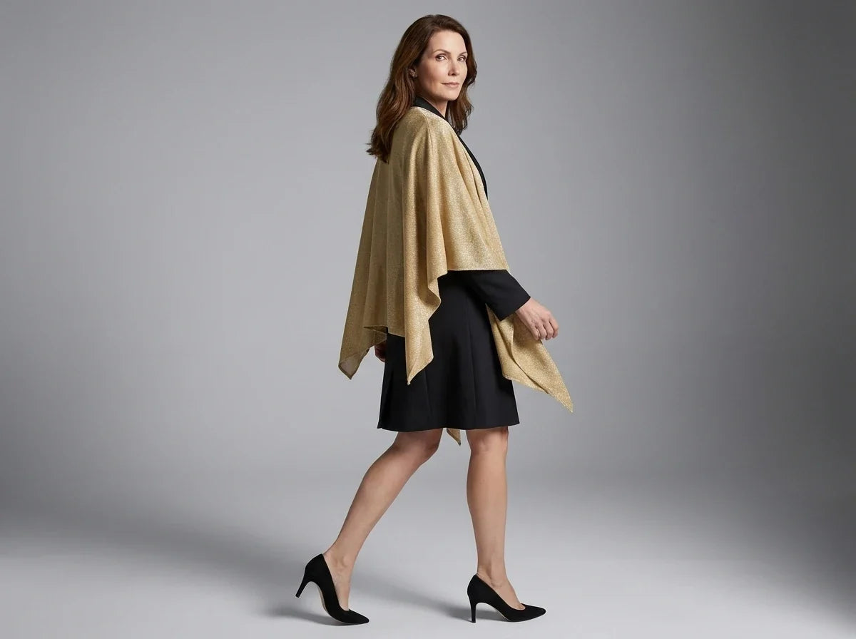 Woman walking wearing a metallic gold evening wrap draped over a knee-length black dress and black pointed-toe heels.