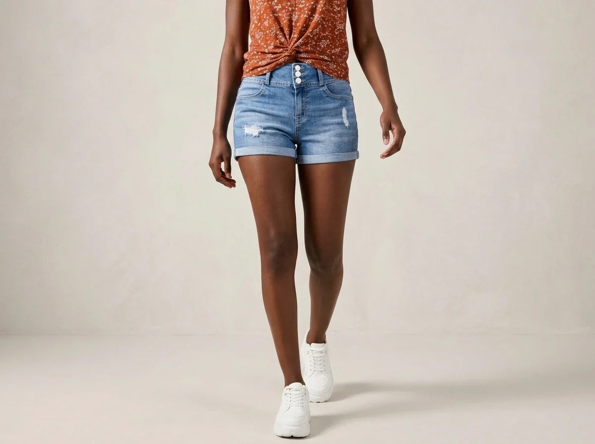 A model wearing light-wash blue distressed denim shorts, a rust-orange patterned top, and white sneakers, walking against a neutral beige studio background.