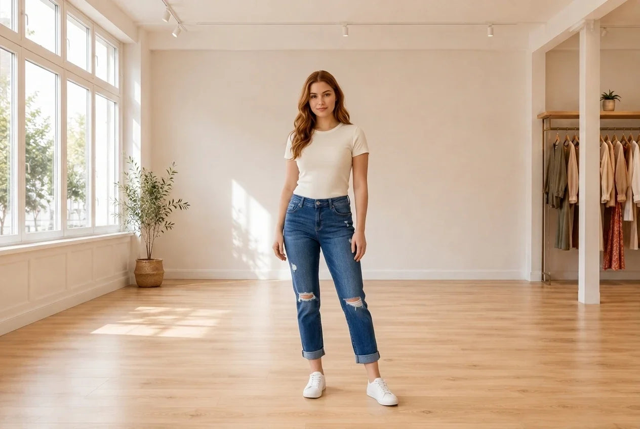 Model wearing Teen Large Bottoms (Young Women's) Women's Curvy Mid Rise Ripped Straight-Leg Jeans in Online Warehouse Sale boutique studio