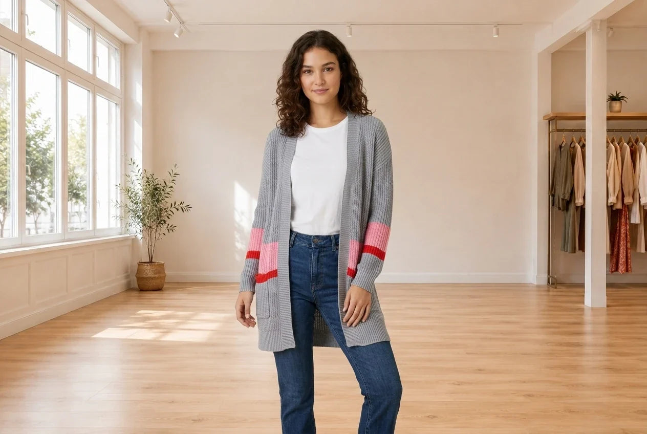 Model wearing Teen Large Cardigans Teen Cropped Cardigan Sweater (Young Women's Fit) in Online Warehouse Sale boutique studio