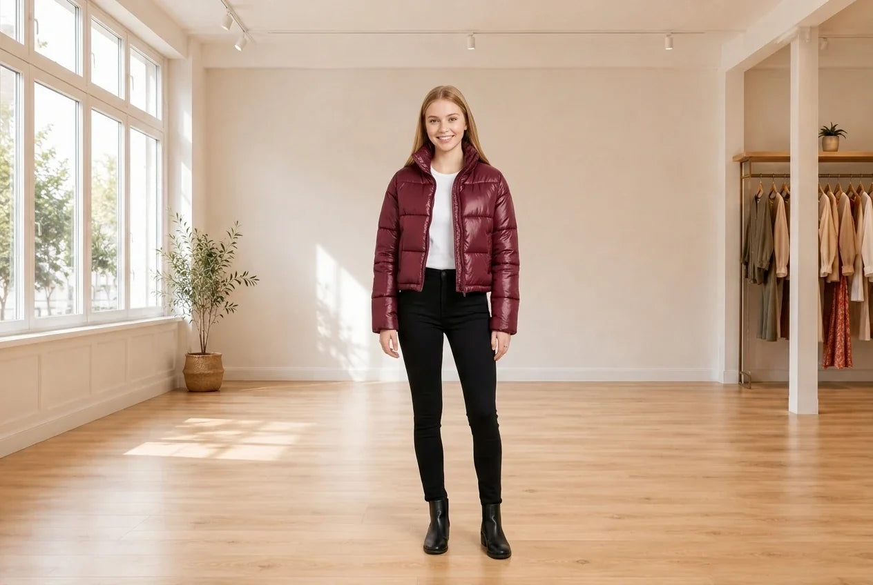 Model wearing Teen Large Coats, Jackets and Blazers Teen Cropped Puffer Coat (Young Women's Fit) in Online Warehouse Sale boutique studio