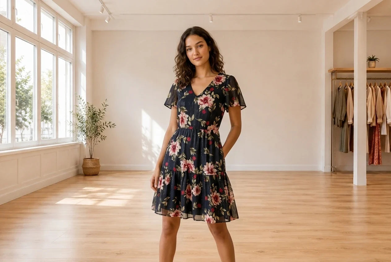 Model wearing Teen Large Dresses Teen Metallic Floral-Print Chiffon Dress (Young Women's Fit) in Online Warehouse Sale boutique studio