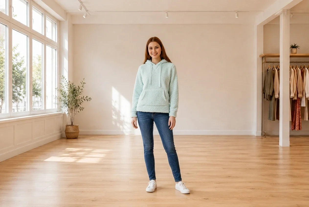 Model wearing Teen Large Hoodies and Sweatshirts (Young Women's) Teen Faux-Sherpa Pullover Hoodie in Online Warehouse Sale boutique studio