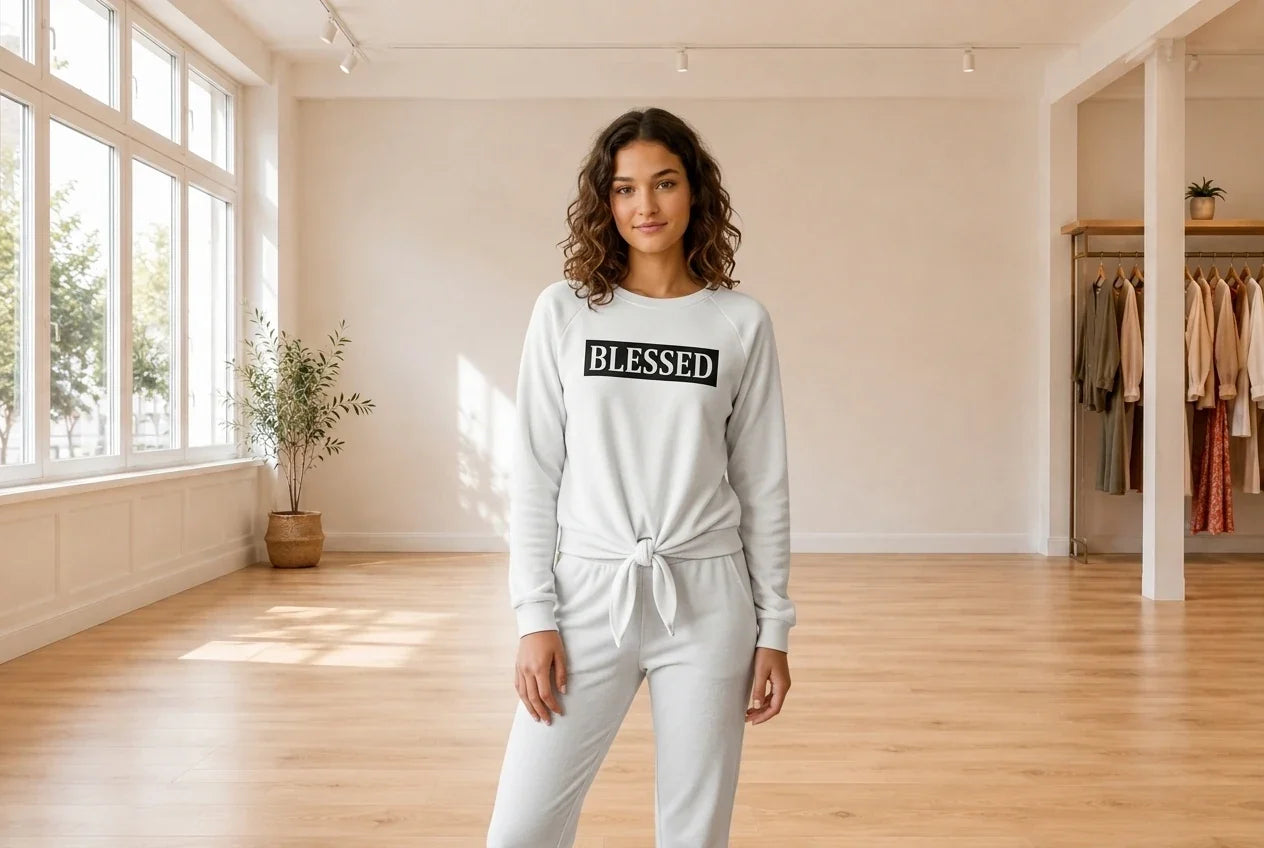 Model wearing Teen Large Loungewear and Pajamas Teen Blessed Tie-Front Sweatshirt (Young Women's Fit) in Online Warehouse Sale boutique studio