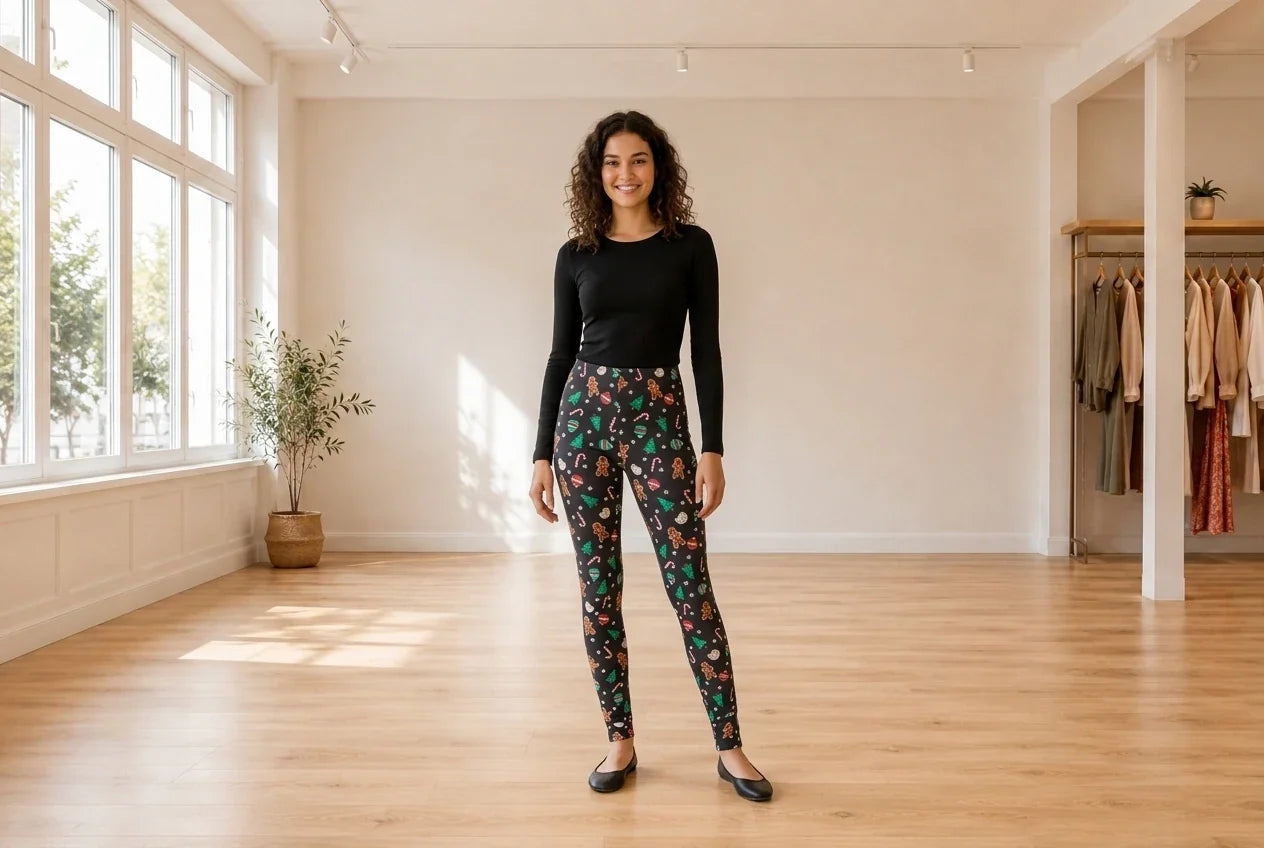 Model wearing Teen Large Pants Teen Printed Holiday Leggings (Young Women's Fit) in Online Warehouse Sale boutique studio