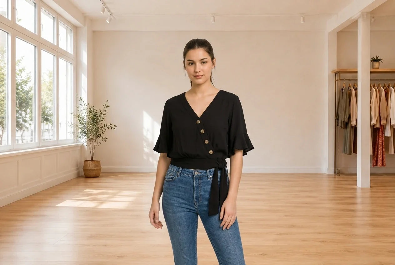 Model wearing Teen Large Shirts and Blouses Teen Solid Button Wrap Blouse (Young Women's Fit) in Online Warehouse Sale boutique studio