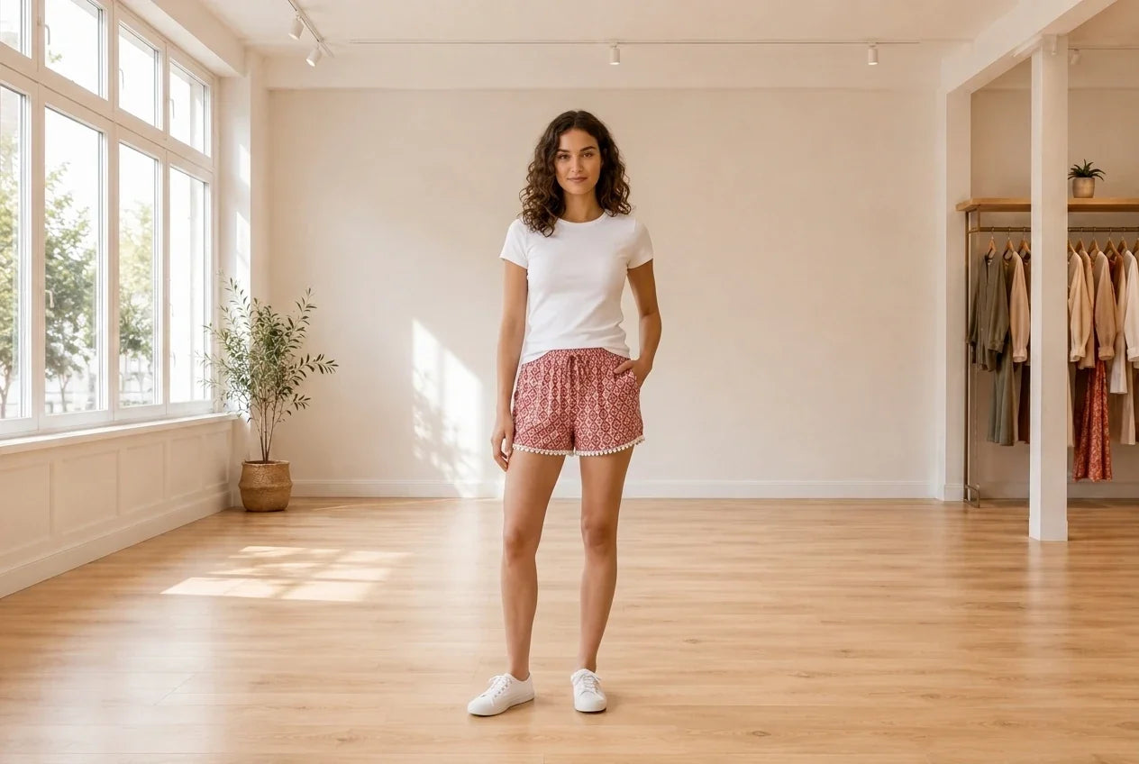 Model wearing Teen Large Shorts Teen Printed Pom Pom Soft Shorts (Young Women's Fit) in Online Warehouse Sale boutique studio
