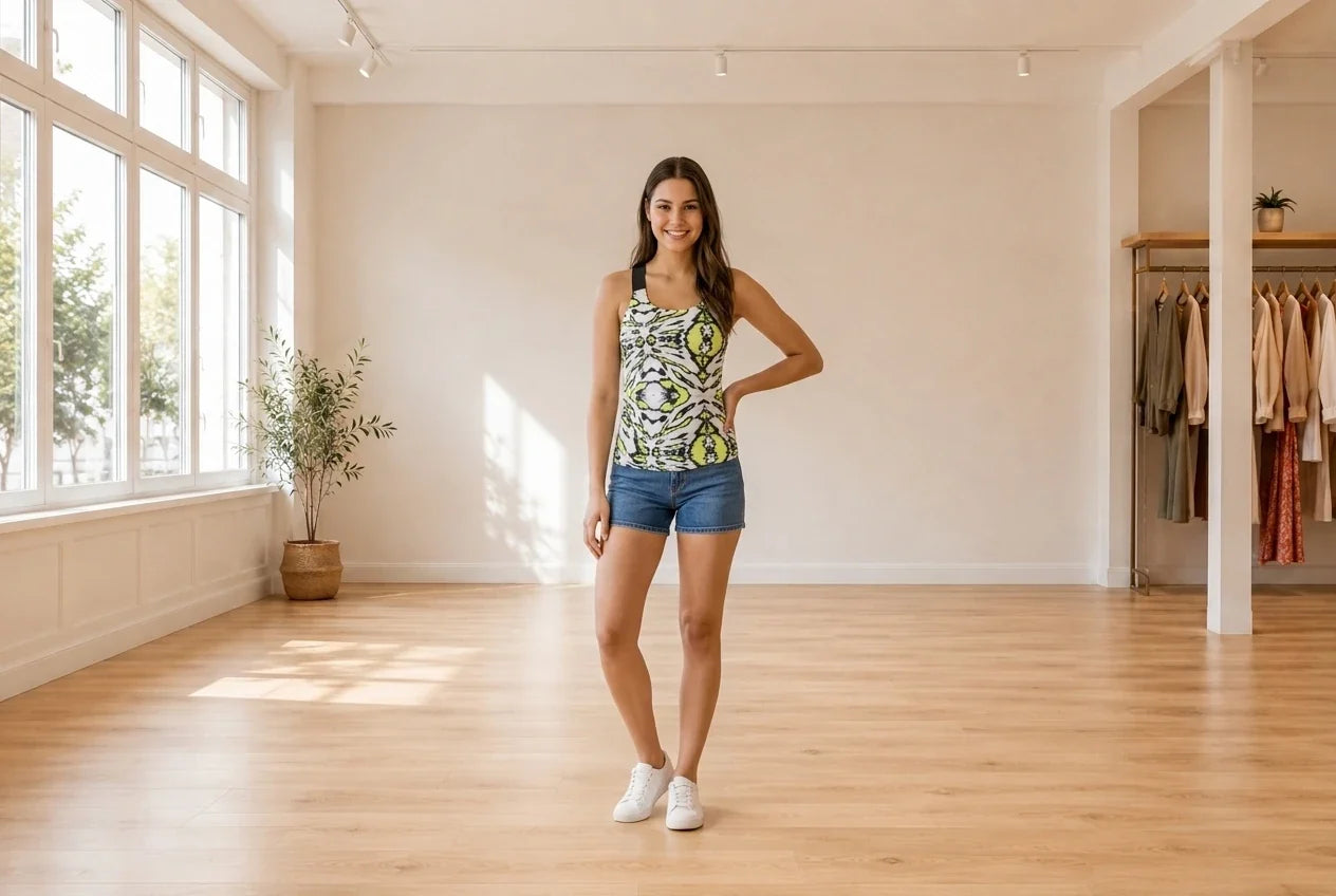 Model wearing Teen Large T-Shirts Teen Printed Tank Top (Young Women's Fit) in Online Warehouse Sale boutique studio