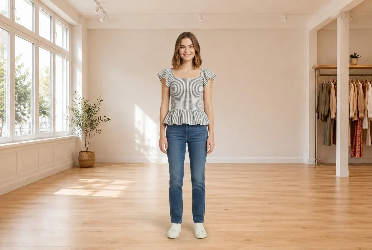 Model wearing Teen Medium Blouses Teen Striped Smocked Blouse (Young Women's Fit) in Online Warehouse Sale boutique studio