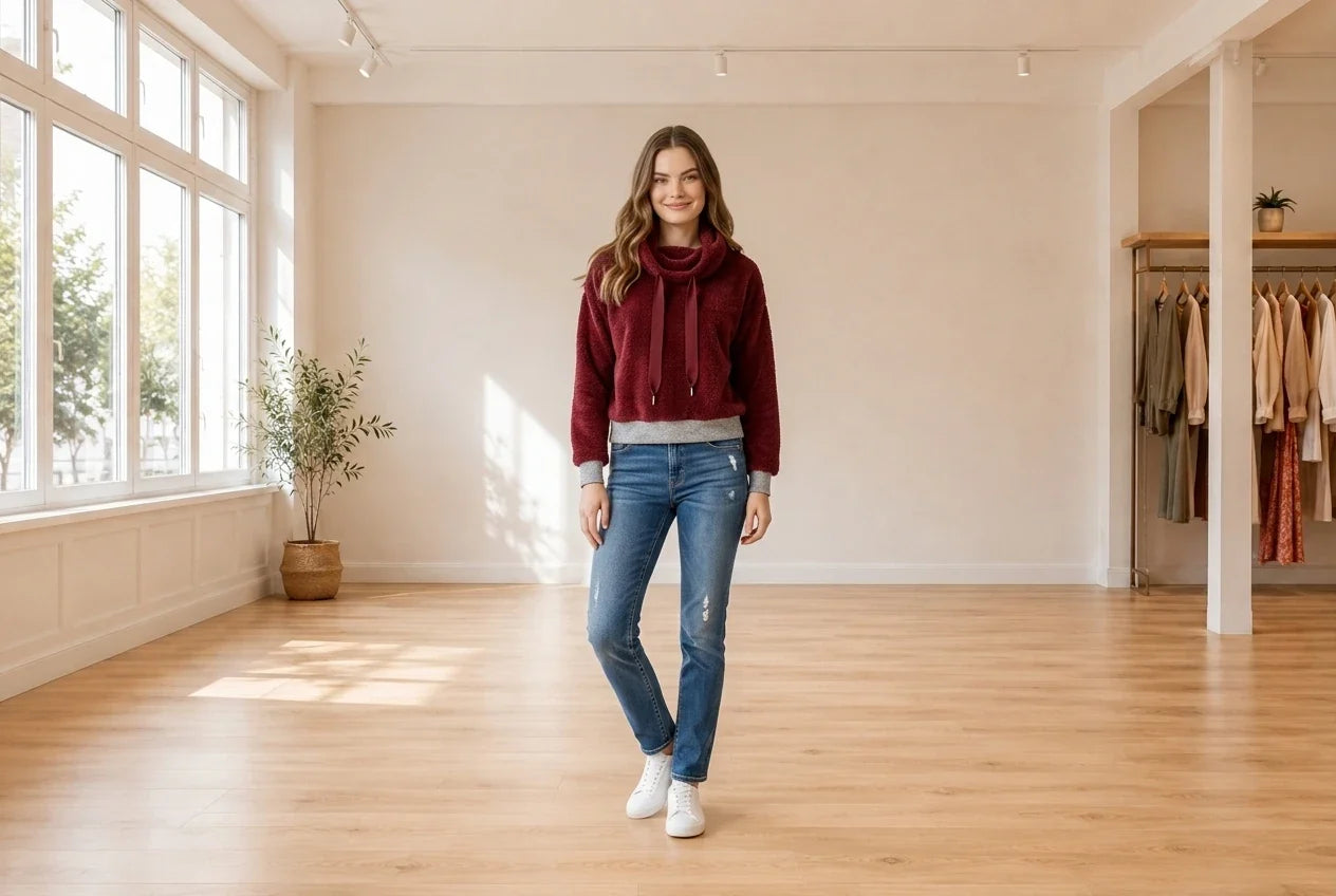 Model wearing Teen Medium Hoodies and Sweatshirts (Young Women's) Teen Faux-Fur Sweatshirt in Online Warehouse Sale boutique studio