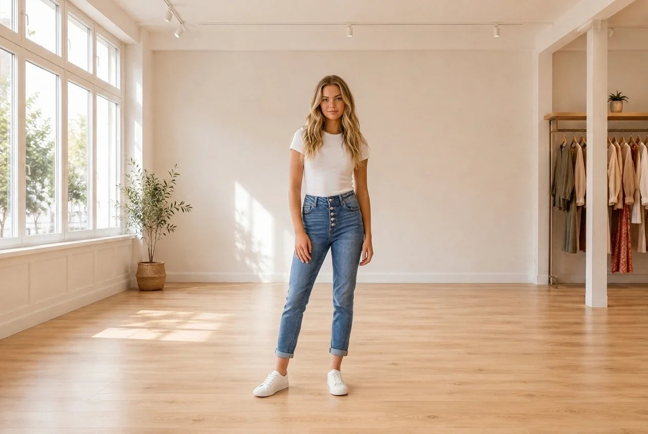 Model wearing Teen Medium Jeans (Young Women's) Teen Cuffed Exposed Button Mom Jeans in Online Warehouse Sale boutique studio