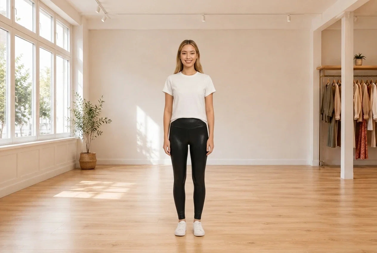 Model wearing Teen Medium Pants Teen Ultra Flirt Faux-Leather Leggings (Young Women's Fit) in Online Warehouse Sale boutique studio