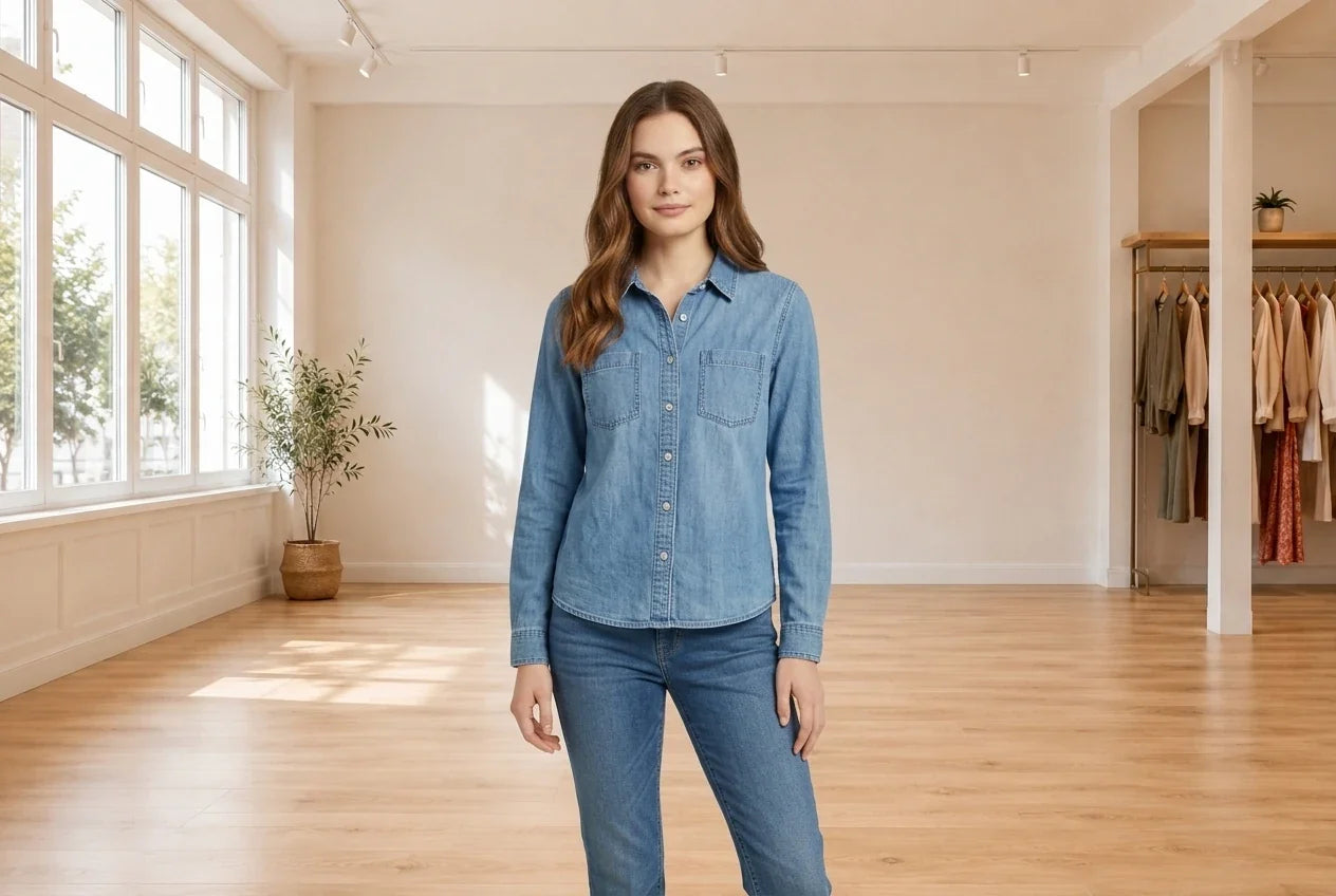 Model wearing Teen Medium Shirts and Blouses Teen Button-Front Top (Young Women's Fit) in Online Warehouse Sale boutique studio