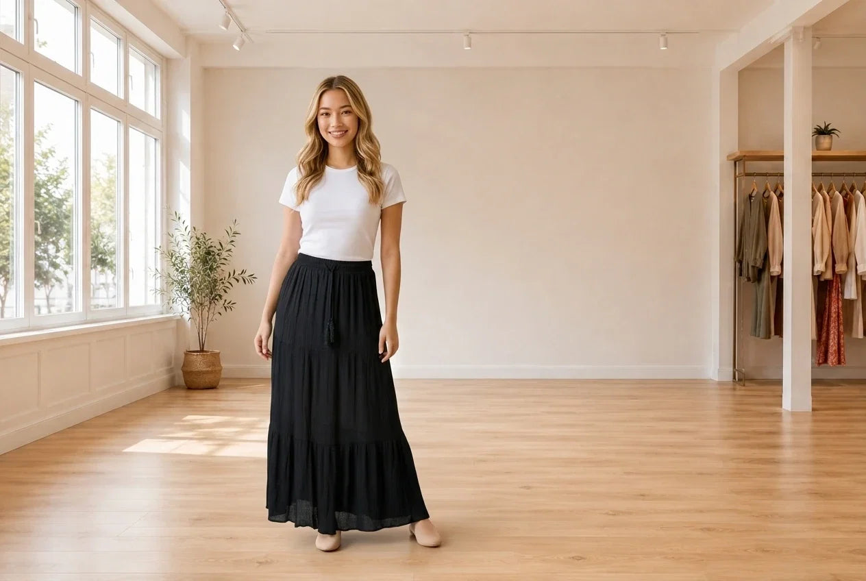 Model wearing Teen Medium Skirts Teen Tiered Crinkle Maxi Skirt (Young Women's Fit) in Online Warehouse Sale boutique studio