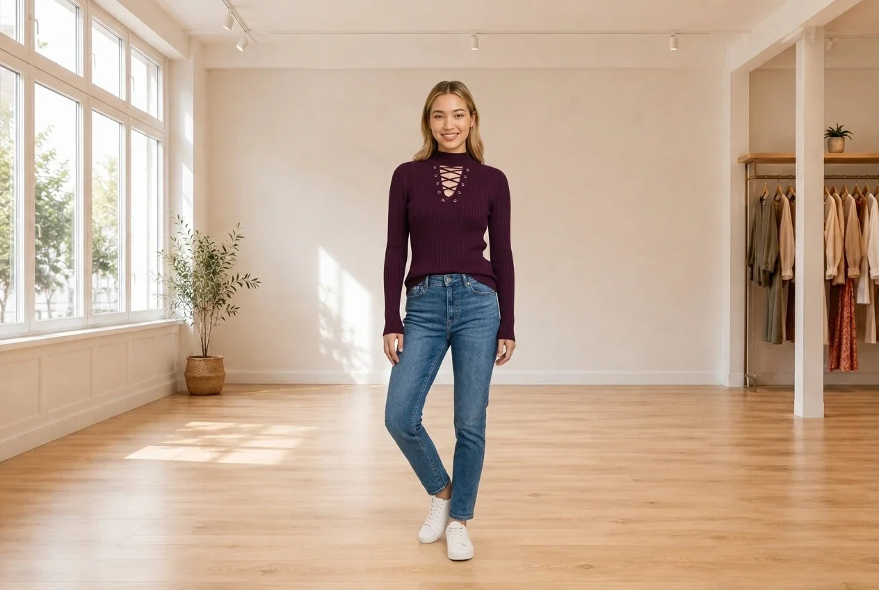 Model wearing Teen Medium Sweaters and Cardigans Teen Lace-Up Mock-Neck Sweater (Young Women's Fit) in Online Warehouse Sale boutique studio