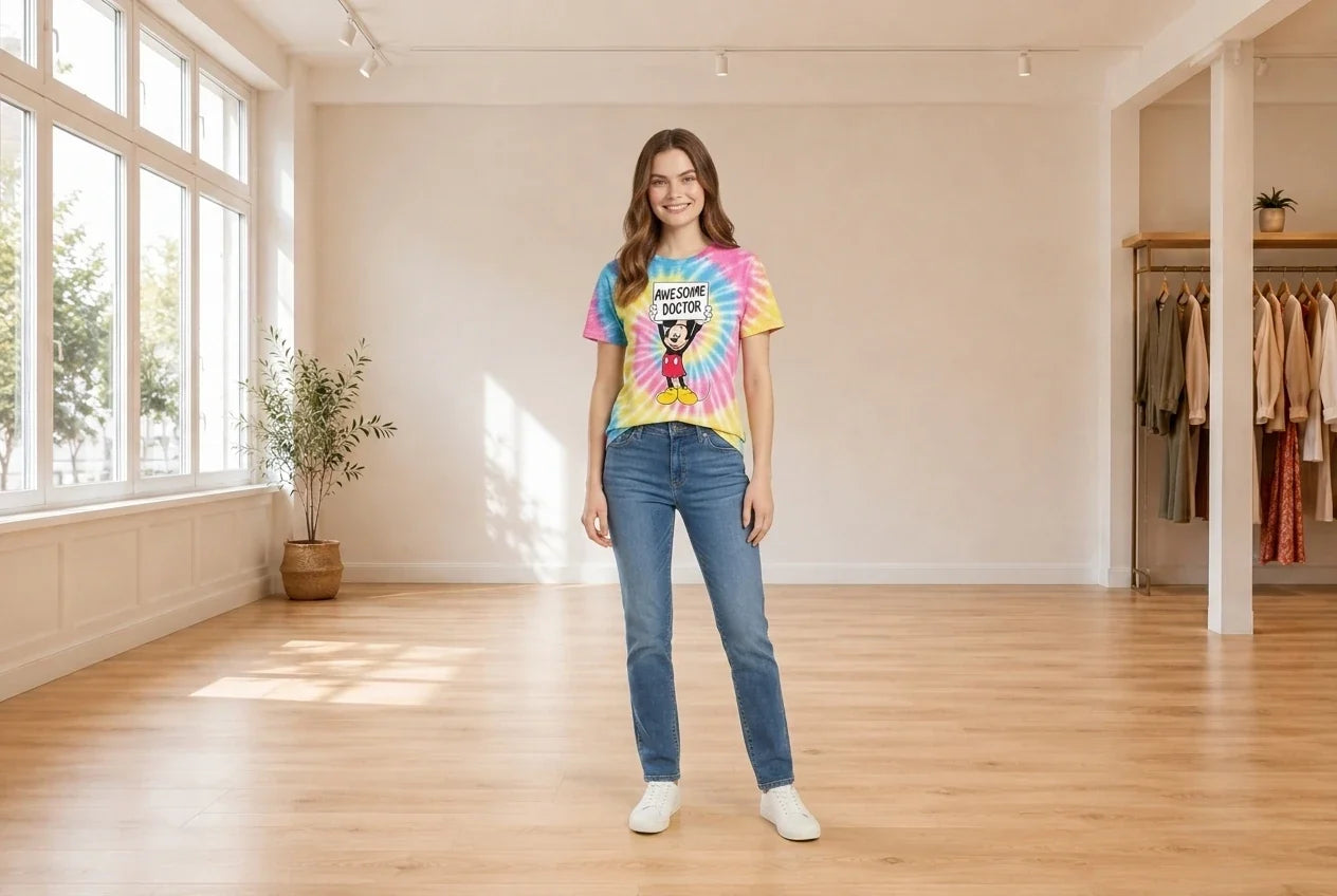 Model wearing Teen Medium T-Shirts Teen Peanuts Cotton Tie-Dyed T-Shirt (Young Women's Fit) in Online Warehouse Sale boutique studio