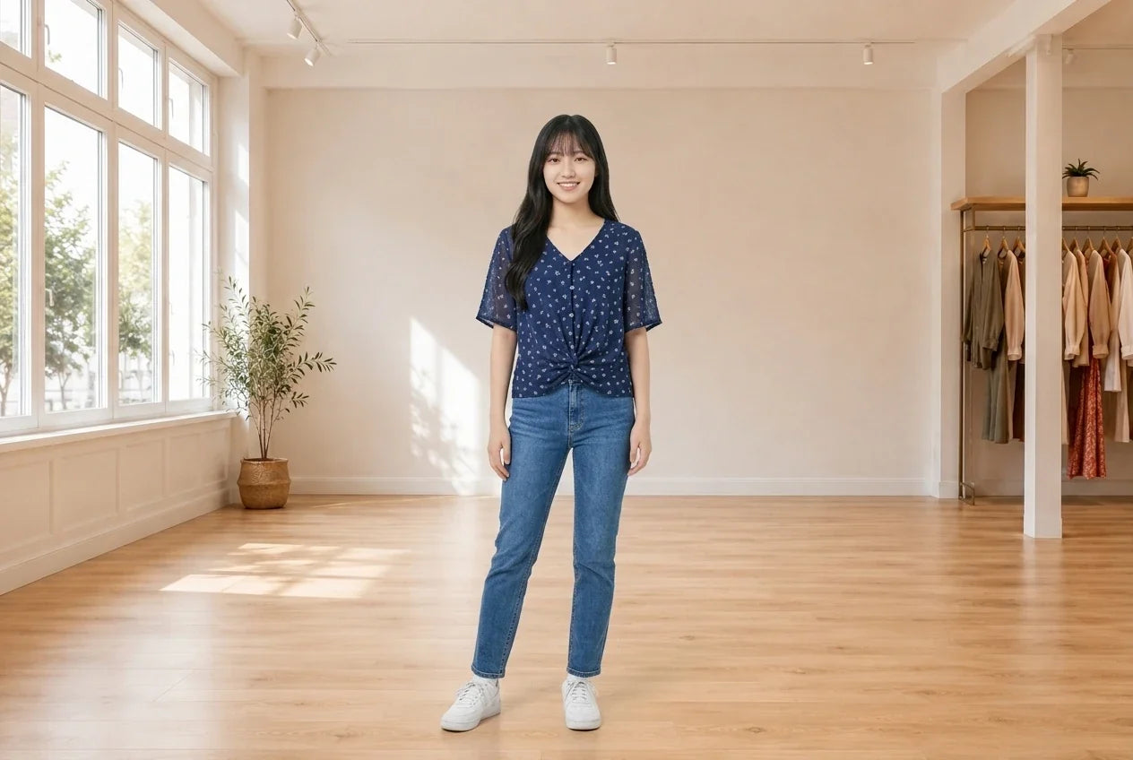 Model wearing Teen Small Blouses Teen Button-Down Twist-Front Textured Top (Young Women's Fit) in Online Warehouse Sale boutique studio
