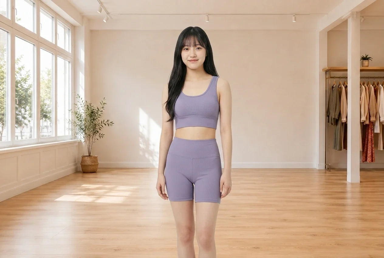 Model wearing Teen Small Bras knit bralette and matching shorts in Online Warehouse Sale boutique studio