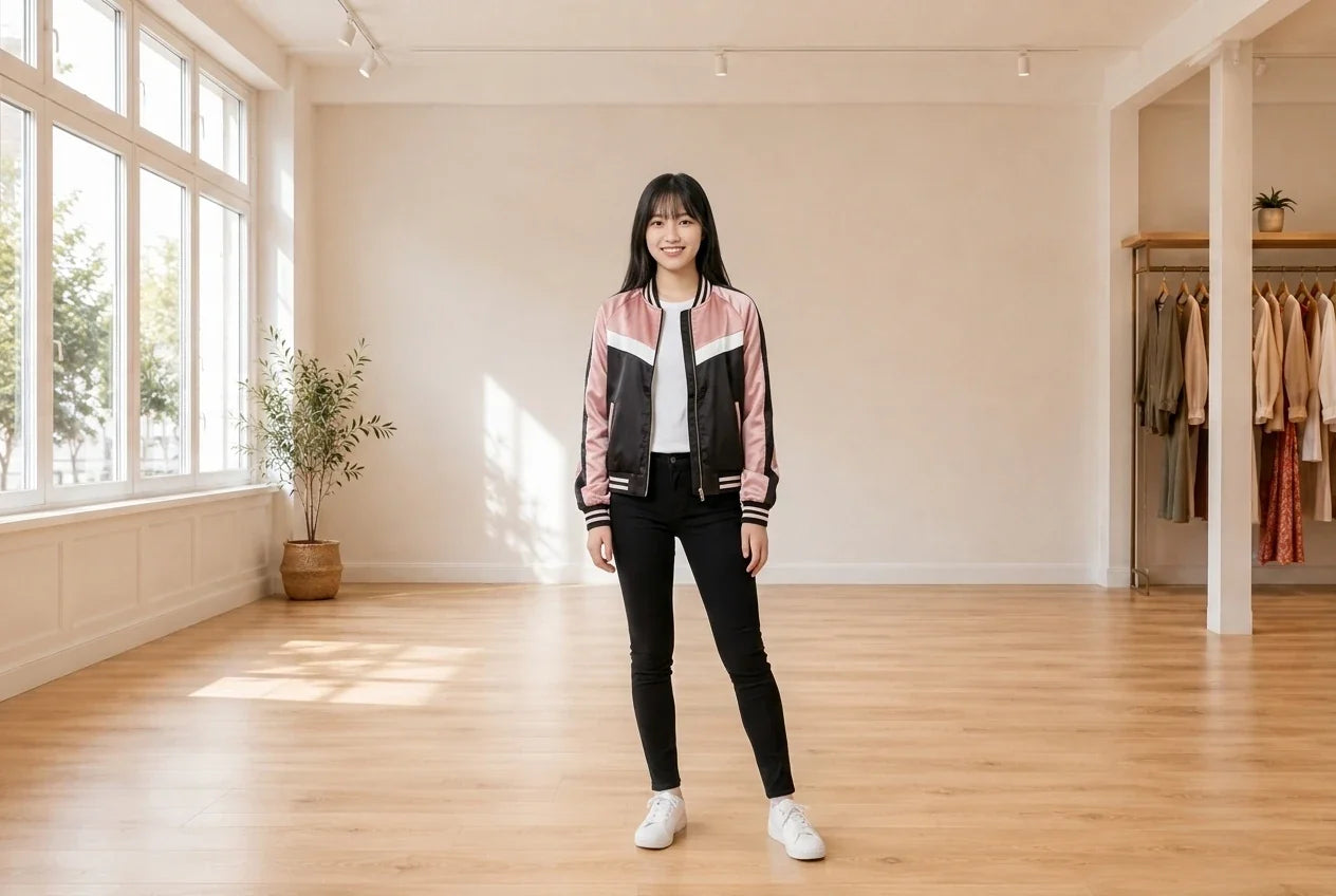 Model wearing Teen Small Coats, Jackets and Blazers Teen Colorblocked Bomber Jacket (Young Women's Fit) in Online Warehouse Sale boutique studio